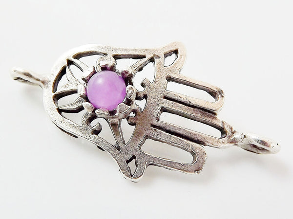 Hamsa Hand of Fatima Connector with Lavender Jade Stone - Matte Silver Plated