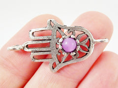 Hamsa Hand of Fatima Connector with Lavender Jade Stone - Matte Silver Plated