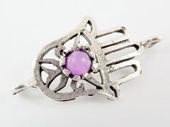 Hamsa Hand of Fatima Connector with Lavender Jade Stone - Matte Silver Plated