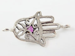 Hamsa Hand of Fatima Connector with Lavender Jade Stone - Matte Silver Plated