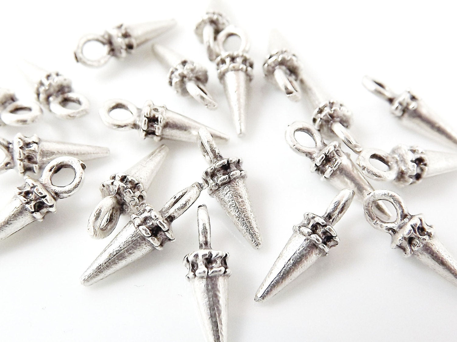 20 Mini Spike Charms - Matte Silver Plated