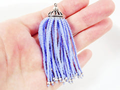 Long Cool Blue Beaded Tassel -  Matte Silver Plated Brass - 1PC