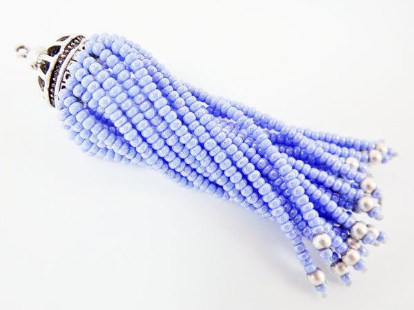 Long Cool Blue Beaded Tassel -  Matte Silver Plated Brass - 1PC