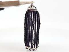 Long Black Beaded Tassel -  Matte Silver Plated Brass - 1PC