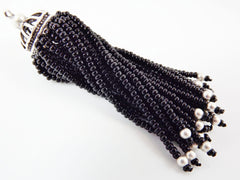 Long Black Beaded Tassel -  Matte Silver Plated Brass - 1PC