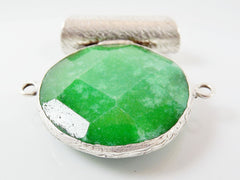 Unusual Mottled Emerald Green Faceted Jade Slider Connector Pendant - Matte Silver plated 1pc