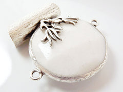 Unusual Cotton White Faceted Jade Slider Connector Pendant with Tulip Leaf Accent - Matte Silver plated 1pc