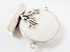 Unusual Cotton White Faceted Jade Slider Connector Pendant with Tulip Leaf Accent - Matte Silver plated 1pc