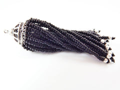 Long Black Beaded Tassel -  Matte Silver Plated Brass - 1PC