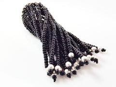 Long Black Beaded Tassel -  Matte Silver Plated Brass - 1PC