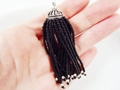 Long Black Beaded Tassel -  Matte Silver Plated Brass - 1PC