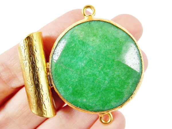 Unusual Emerald Green Faceted Jade Slider Connector Pendant - 22k Matte Gold plated 1pc