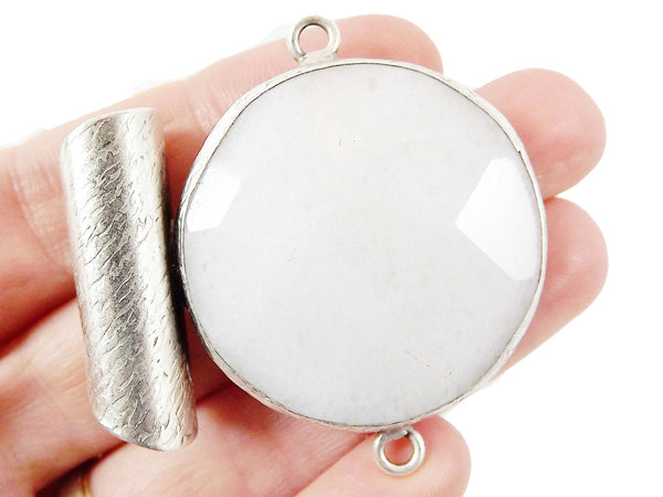 Unusual Cotton White Faceted Jade Slider Connector Pendant - Matte Silver plated 1pc