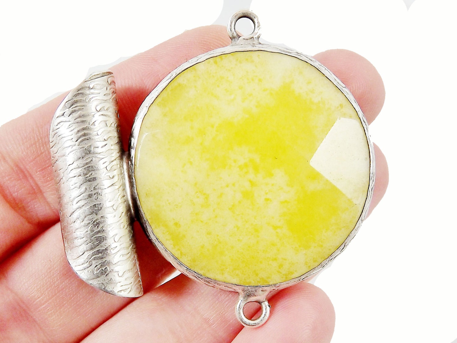 Unusual Mottled Lemon White Faceted Jade Slider Connector Pendant - Matte Silver plated 1pc