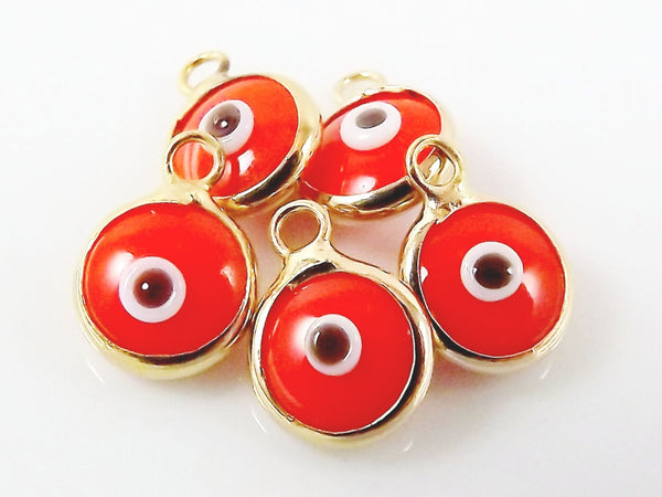 5 Mini Orange Evil Eye Nazar Artisan Glass Bead Charms - Gold Plated Brass Bezel - GCM116