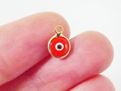 5 Mini Orange Evil Eye Nazar Artisan Glass Bead Charms - Gold Plated Brass Bezel - GCM116