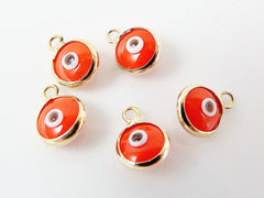 5 Mini Orange Evil Eye Nazar Artisan Glass Bead Charms - Gold Plated Brass Bezel - GCM116