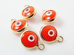 5 Mini Orange Evil Eye Nazar Artisan Glass Bead Charms - Gold Plated Brass Bezel - GCM116