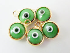 5 Mini Green Evil Eye Nazar Artisan Glass Bead Charms - Gold Plated Brass Bezel - GCM116