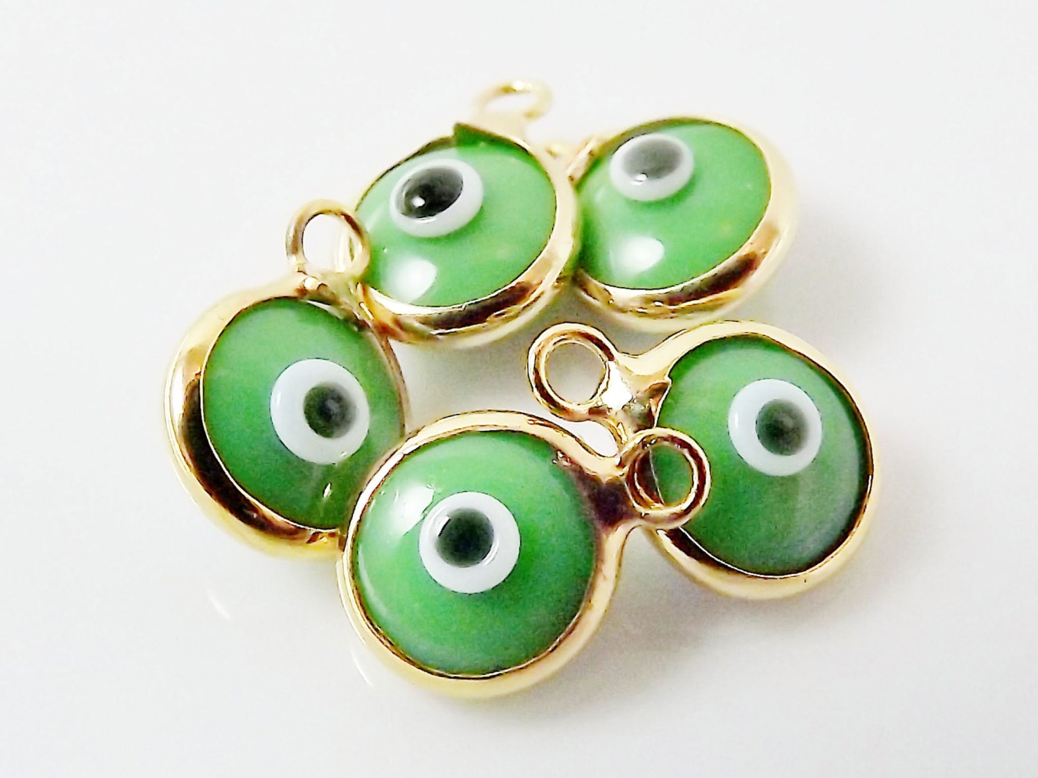 5 Mini Green Evil Eye Nazar Artisan Glass Bead Charms - Gold Plated Brass Bezel - GCM116