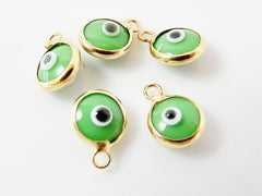 5 Mini Green Evil Eye Nazar Artisan Glass Bead Charms - Gold Plated Brass Bezel - GCM116