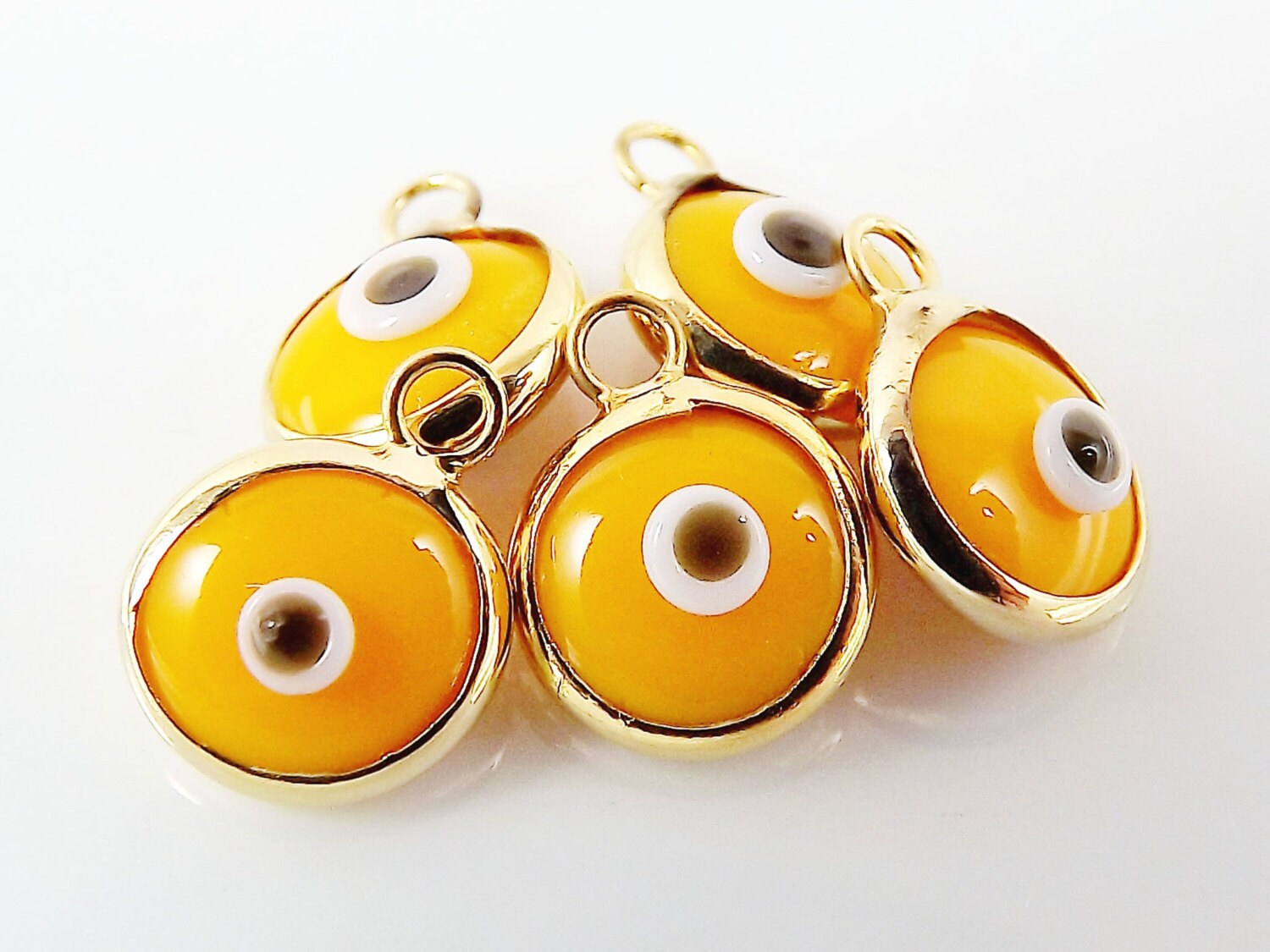 5 Mini Egg Yellow Evil Eye Nazar Artisan Glass Bead Charms - Gold Plated Brass Bezel - GCM116