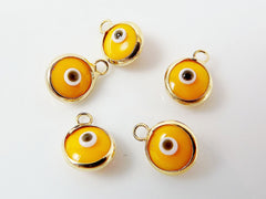 5 Mini Egg Yellow Evil Eye Nazar Artisan Glass Bead Charms - Gold Plated Brass Bezel - GCM116