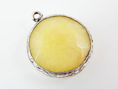 22mm Lemon Yellow Faceted Jade Pendant - Matte Silver plated Bezel - 1pc