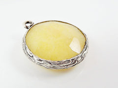 22mm Lemon Yellow Faceted Jade Pendant - Matte Silver plated Bezel - 1pc