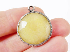 22mm Lemon Yellow Faceted Jade Pendant - Matte Silver plated Bezel - 1pc