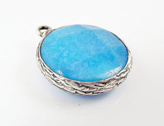 22mm Cyan Blue Faceted Jade Pendant - Matte Silver plated Bezel - 1pc