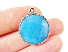 22mm Cyan Blue Faceted Jade Pendant - Matte Silver plated Bezel - 1pc