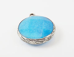 22mm Cyan Blue Faceted Jade Pendant - Matte Silver plated Bezel - 1pc