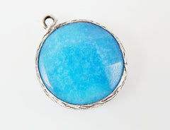 22mm Cyan Blue Faceted Jade Pendant - Matte Silver plated Bezel - 1pc