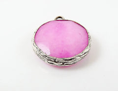 22mm Candy Pink Faceted Jade Pendant - Matte Silver plated Bezel - 1pc