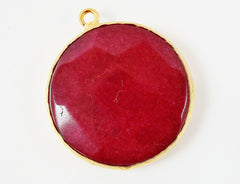 36mm Garnet Red Faceted Jade Pendant - 22k Matte Gold Plated 1pc