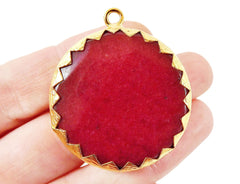 36mm Garnet Red Faceted Jade Pendant - 22k Matte Gold Plated 1pc