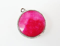 22mm Cherry Red Faceted Jade Pendant - Matte Silver plated Bezel - 1pc