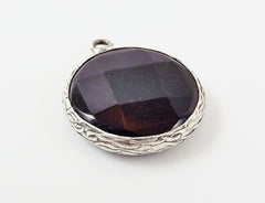 22mm Faceted Black Onyx Stone Pendant - Matte Silver plated Bezel - 1pc