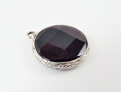 22mm Faceted Black Onyx Stone Pendant - Matte Silver plated Bezel - 1pc