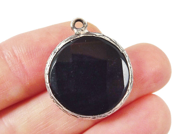22mm Faceted Black Onyx Stone Pendant - Matte Silver plated Bezel - 1pc