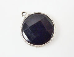 22mm Faceted Black Onyx Stone Pendant - Matte Silver plated Bezel - 1pc