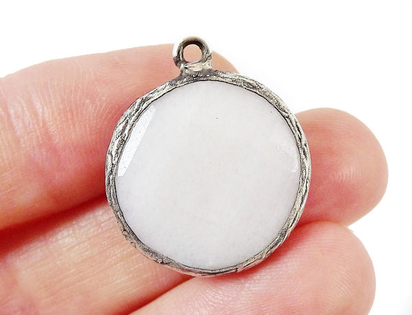 22mm Cotton White Faceted Jade Pendant - Matte Silver plated Bezel - 1pc