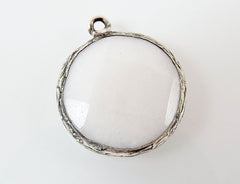 22mm Cotton White Faceted Jade Pendant - Matte Silver plated Bezel - 1pc