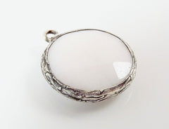 22mm Cotton White Faceted Jade Pendant - Matte Silver plated Bezel - 1pc