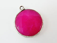 22mm Hot Fuschia Pink Faceted Jade Pendant - Matte Silver plated Bezel - 1pc