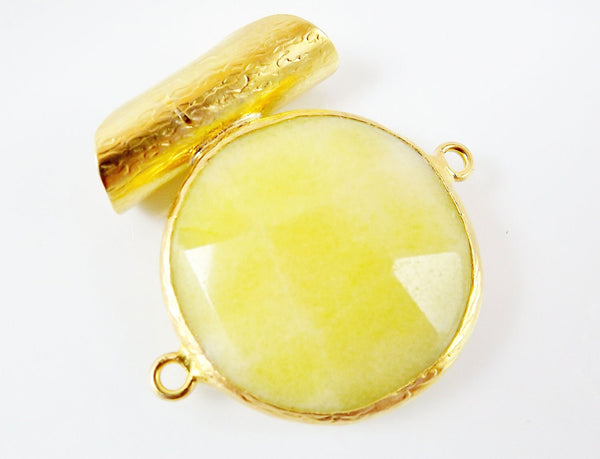 Unusual Lemon Yellow White Faceted Jade Slider Connector Pendant -  22k Matte Gold plated 1pc