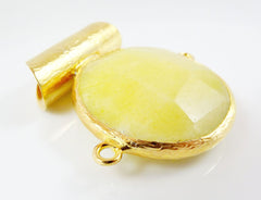 Unusual Lemon Yellow White Faceted Jade Slider Connector Pendant -  22k Matte Gold plated 1pc