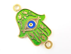 Lime Green Hamsa Hand of Fatima Enamel Blue Evil Eye Connector - Floral - 22k Matte Gold Plated - 1PC