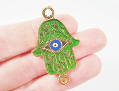 Lime Green Hamsa Hand of Fatima Enamel Blue Evil Eye Connector - Floral - 22k Matte Gold Plated - 1PC